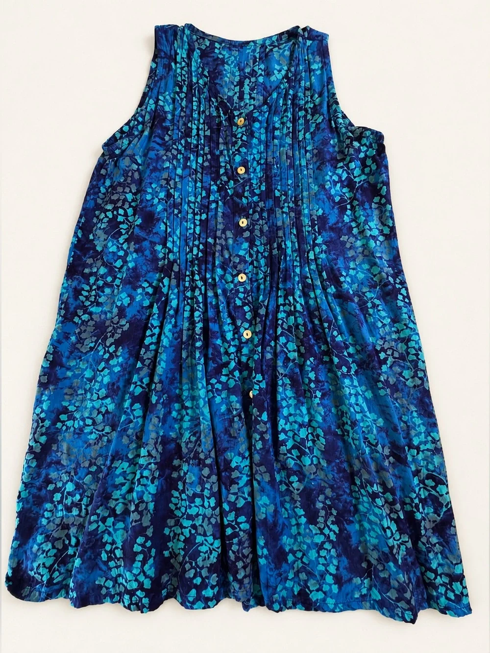 Blue Batik Rayon Sleeveless Pintuck Button Front A-Line Dress